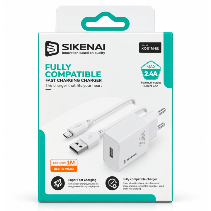 شاحن SIKENAI KX-01M-EU بقوة 2.4A مع كابل Micro USB بطول 1 متر
