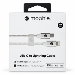 كابل موفي Mophie USB-C to Lightning بطول 1 متر – أبيض مضفّر للشحن السريع ونقل البيانات
