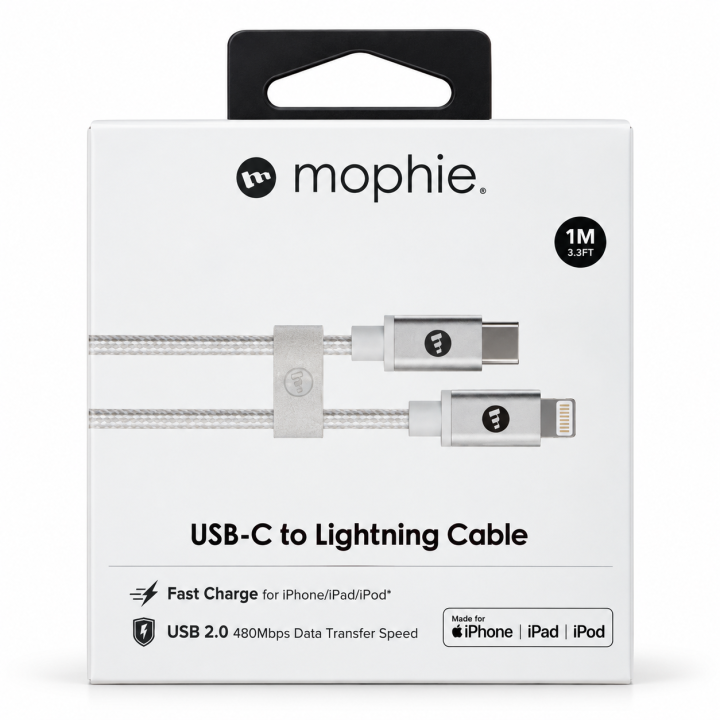 كابل موفي Mophie USB-C to Lightning بطول 1 متر – أبيض مضفّر للشحن السريع ونقل البيانات