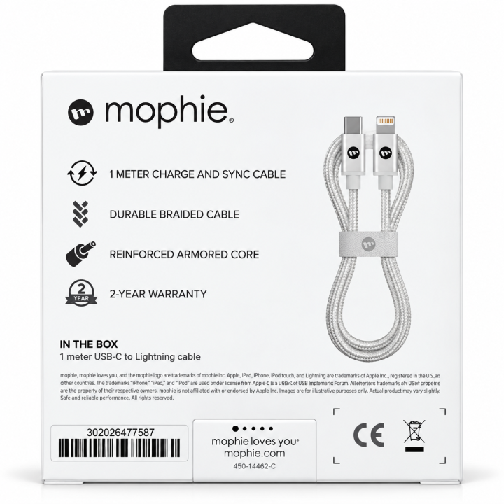 كابل موفي Mophie USB-C to Lightning بطول 1 متر – أبيض مضفّر للشحن السريع ونقل البيانات