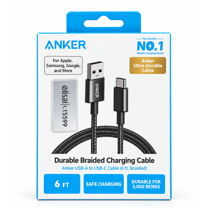 كابل Anker USB-A إلى USB-C مضفّر بطول 1.8 متر – شحن ونقل بيانات