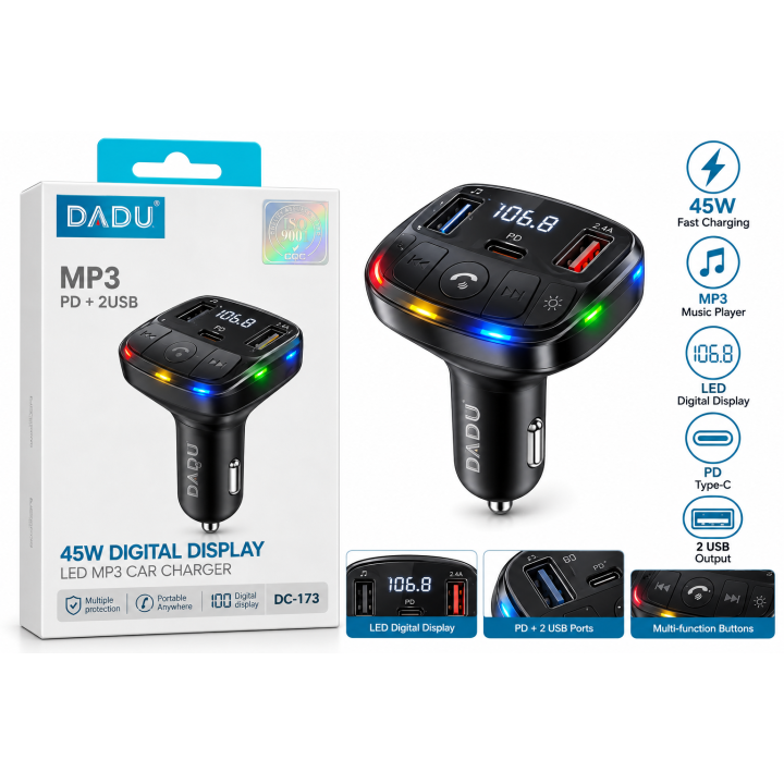 DADU DC-173 45W MP3 Digital Display Car Charger – شاحن سيارة سريع بشاشة رقمية ومشغل موسيقى PD + 2USB