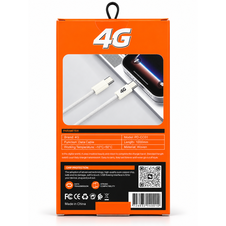 كابل 4G USB-C to USB-C PD 60W بطول 1 متر – أبيض مضفّر للشحن السريع ونقل البيانات | PD-CC01