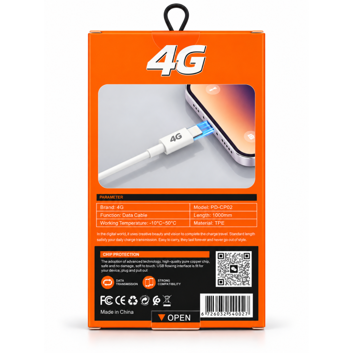 كابل 4G USB-C to Lightning بقدرة 30W – طول 1 متر – أبيض للشحن ونقل البيان