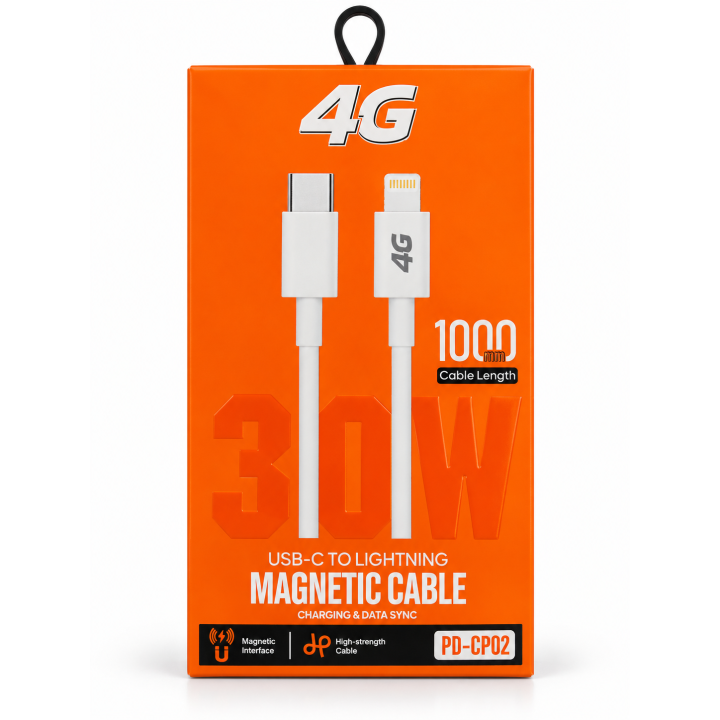 كابل 4G USB-C to Lightning بقدرة 30W – طول 1 متر – أبيض للشحن ونقل البيان