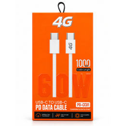 كابل 4G USB-C to USB-C PD 60W بطول 1 متر – أبيض مضفّر للشحن السريع ونقل البيانات | PD-CC01