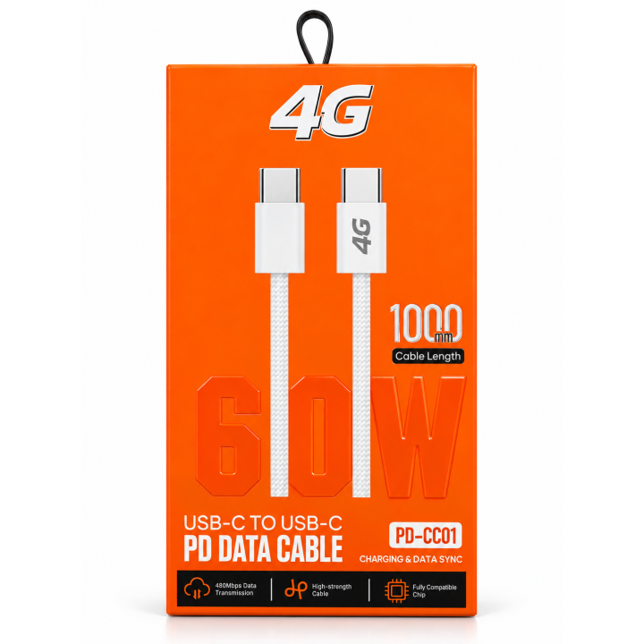 كابل 4G USB-C to USB-C PD 60W بطول 1 متر – أبيض مضفّر للشحن السريع ونقل البيانات | PD-CC01