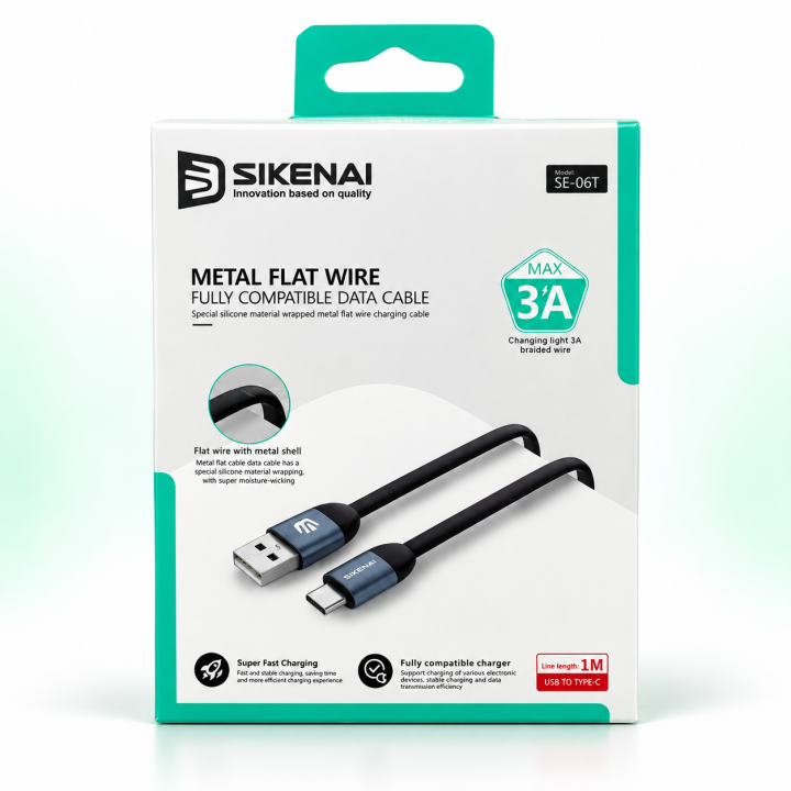 كابل سيكناي SIKENAI SE-06T من USB-A إلى Type-C، بطول متر واحد، يدعم الشحن بتيار يصل إلى 3 أمبير، بتصميم فلات مسطح