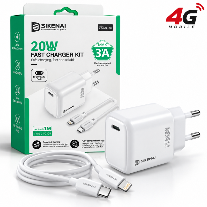 شاحن SIKENAI Fast Charger Kit 20W PD مع كابل Type-C إلى Lightning – موديل KE-05L