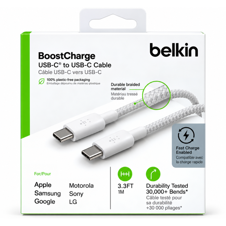 كابل Belkin BoostCharge USB-C to USB-C 1M – كابل شحن سريع مضفّر