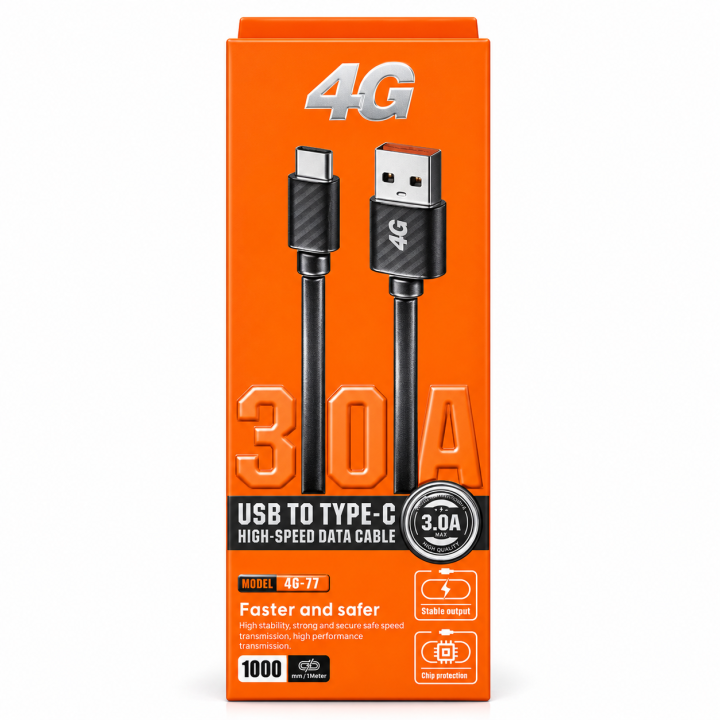 كابل 4G USB-A إلى Type-C بطول 1 متر – شحن سريع 3A ونقل بيانات