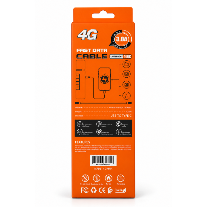 كابل 4G USB-A إلى Type-C بطول 1 متر – شحن سريع 3A ونقل بيانات